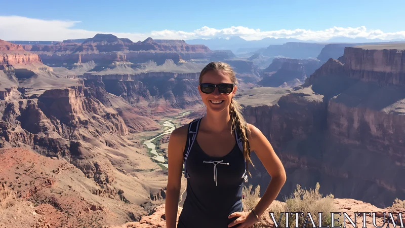 Smiling hiker stands over vast sunlit canyon panorama