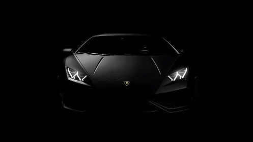 Front view of low-key illuminated sports car in darkness