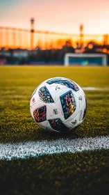 Match ball rests on bright touchline under sunset sky.