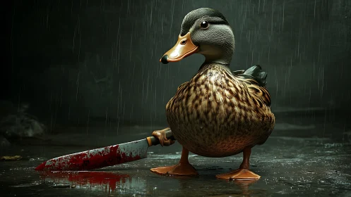 Mallard in the rain clutching a bloodied knife menacingly.