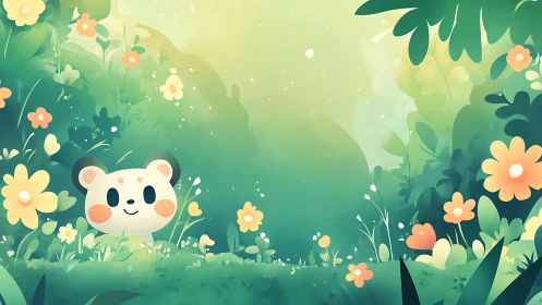 Sunny little bear peeks from a dreamy flower meadow