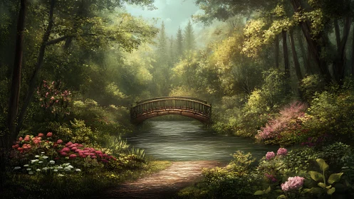 Sunlit garden bridge invites quiet walks beside gentle water