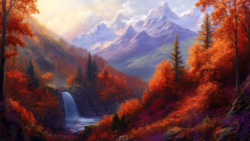 Autumn valley landscape with waterfall and snowcapped peaks.
