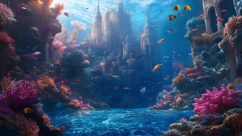 Underwater coral metropolis framing luminous lost palace.