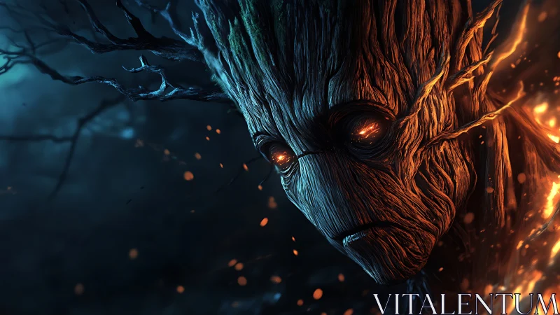 Ancient tree guardian gazes softly through glowing embers