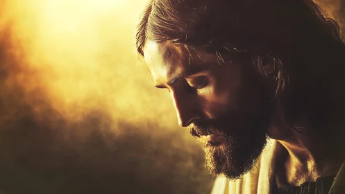 Side portrait of bearded man in warm dramatic light.