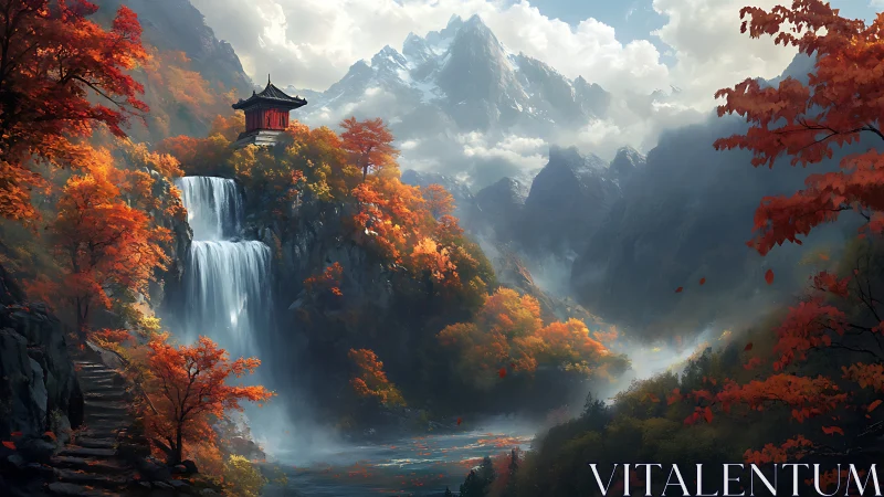 Digital painting of autumn shrine above misty waterfall gorge.