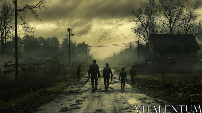 Survivors walk through misty postapocalyptic rural roadway.