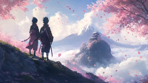 Two figures on cliff facing distant shrine and mountain.