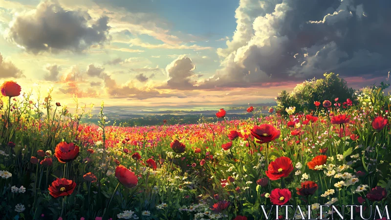 Digital painting meadowscape with luminous poppy foreground field.