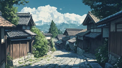 Sunny mountain village lane with quiet wooden houses.