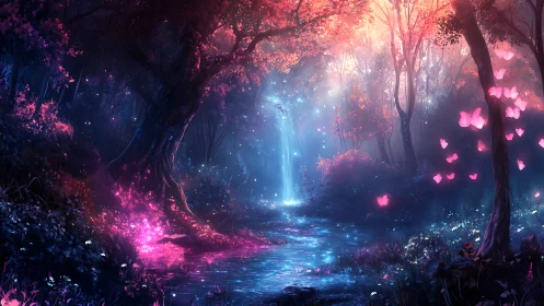 Neon Forest Stream: Ethereal Glow Through Dark Woods.