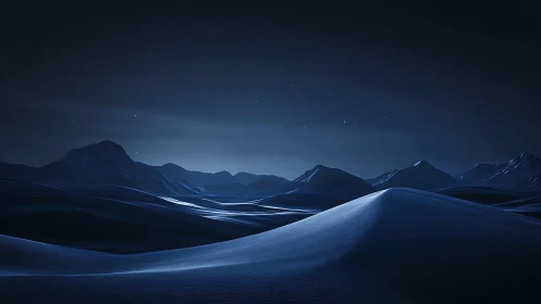 Night desert dunes stretch toward distant dark mountains