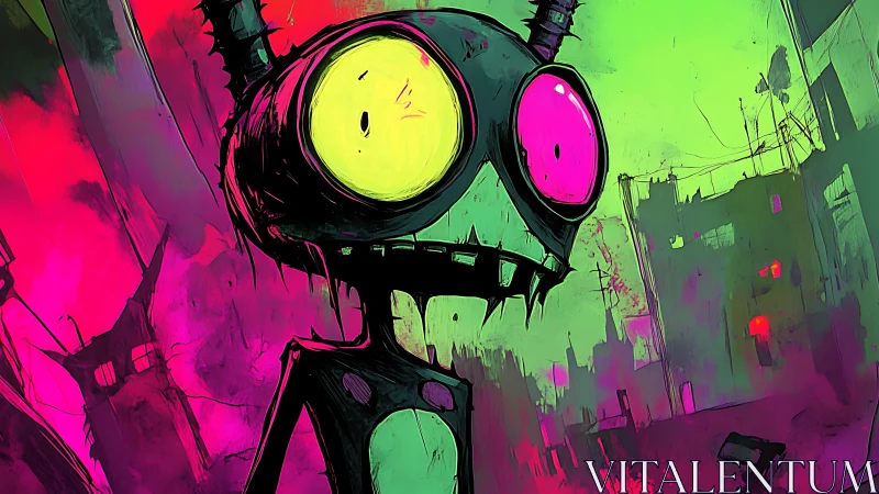 Neon alien cartoon figure in chaotic urban ruins scene.