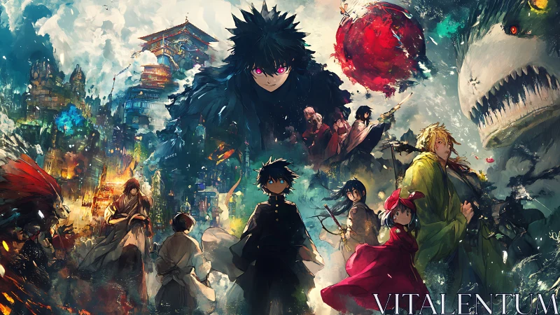 Dynamic anime ensemble framed by chaotic fantasy cityscapes