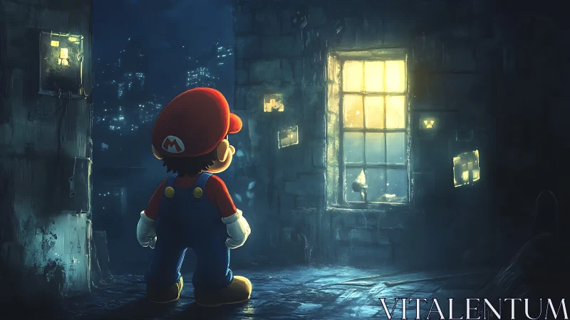 Mario observes glowing city window inside dark alley courtyard
