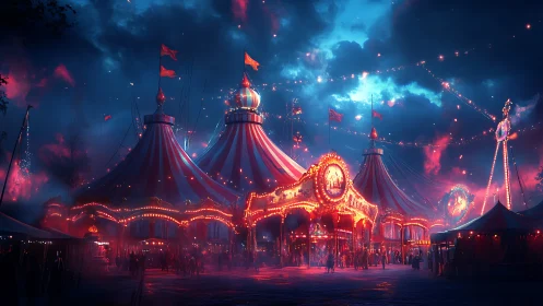 Enchanted night circus glows under stormy neon skies