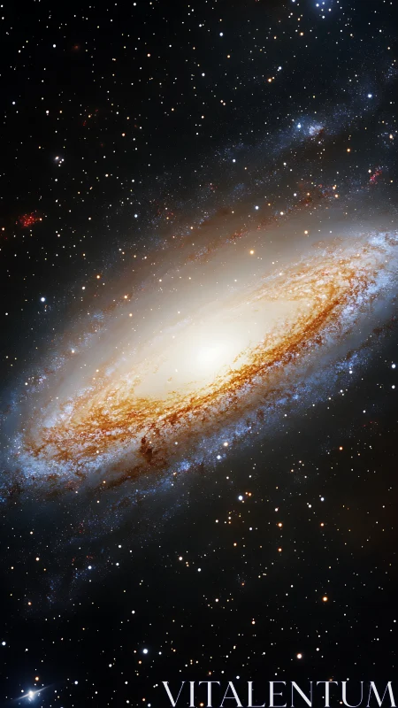 Spiraling golden galaxy glows softly amid countless quiet stars