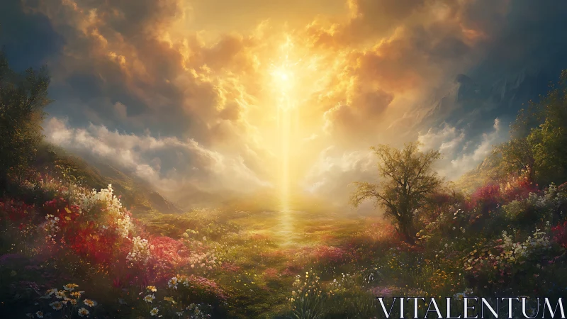 Radiant volumetric sunrise over hyper-detailed floral valley.