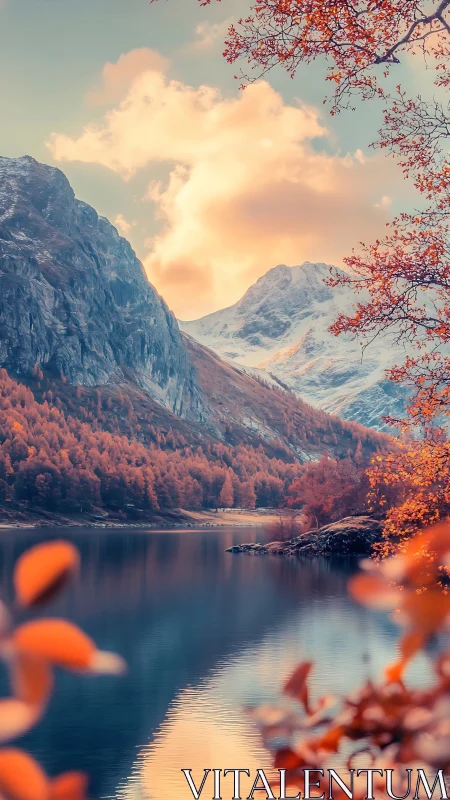 Mountain lake is framed by autumn foliage and distant snow peaks