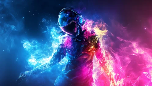 Cyberpunk astral runner in bifurcated neon plasma field.