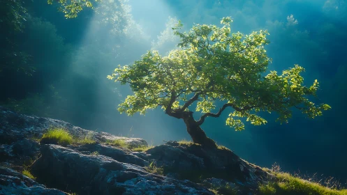 Solitary cliffside tree leans into blue morning light