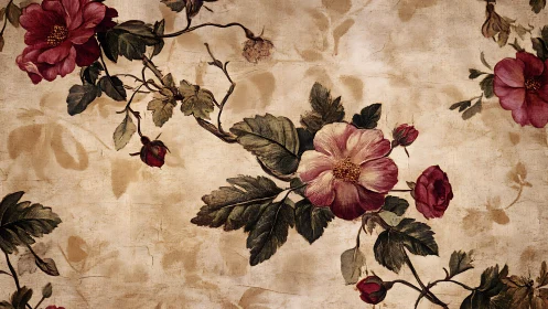 Vintage crimson florals over distressed parchment ground.