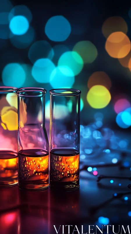 Luminous test tubes capture bokeh light in saturated laboratory scene