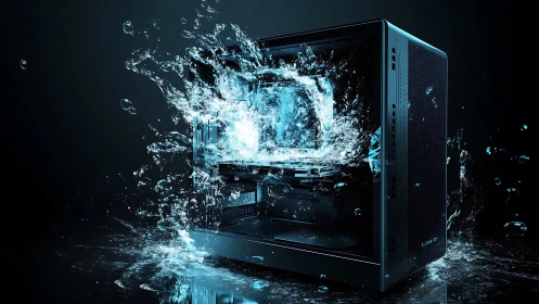 Computer tower is intersected by dynamic water splash