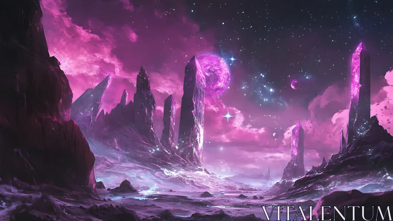 Dreamy crystal planet under a glowing violet night sky.