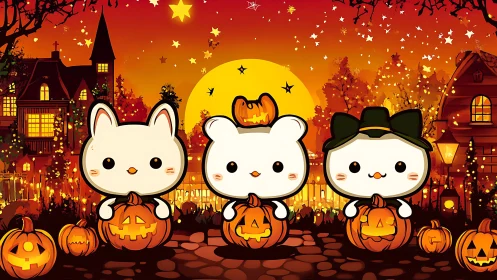 Three cat characters in Halloween pumpkin costumes under full moon