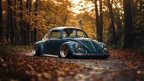Lowered teal classic Beetle on leaf-covered forest road.