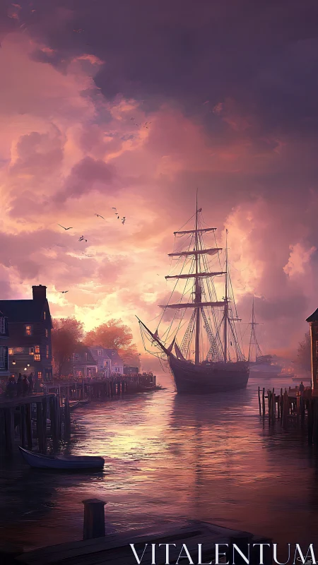 Harbor sunset welcomes a tall ship into glowing calm waters.