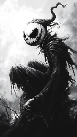 Moonlit pumpkin wraith waits quietly in swirling night mist