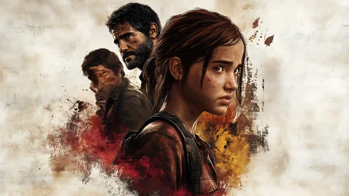 Worn survivors stand together in a storm of painted memory.