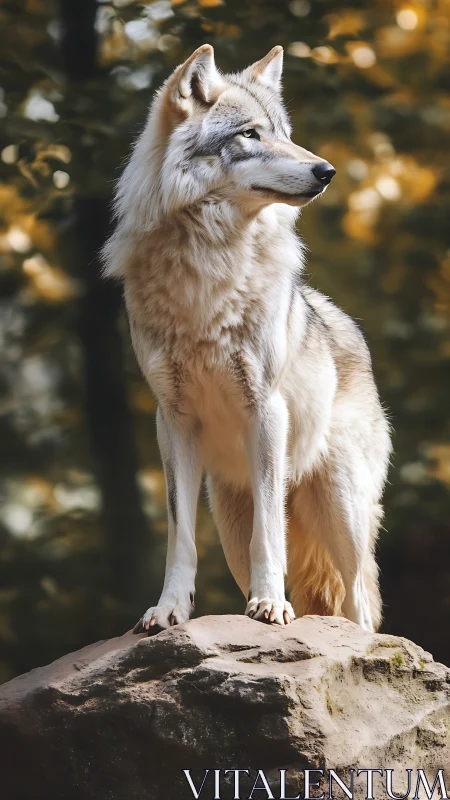 Lone wolf stands alert on rock, captured in warm forest light