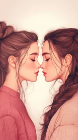 Two Women Leaning Close in Intimate Portrait Study.