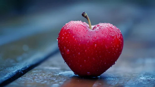 Red heart shaped apple with water droplets on wood bench.