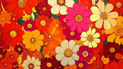Bold digital illustration shows dense field of colorful flowers