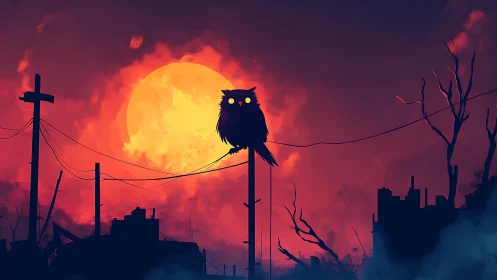 Lone owl watches over a burning red post apocalyptic dusk.