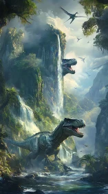 Friendly T. rex roaming a lush waterfall dinosaur valley.