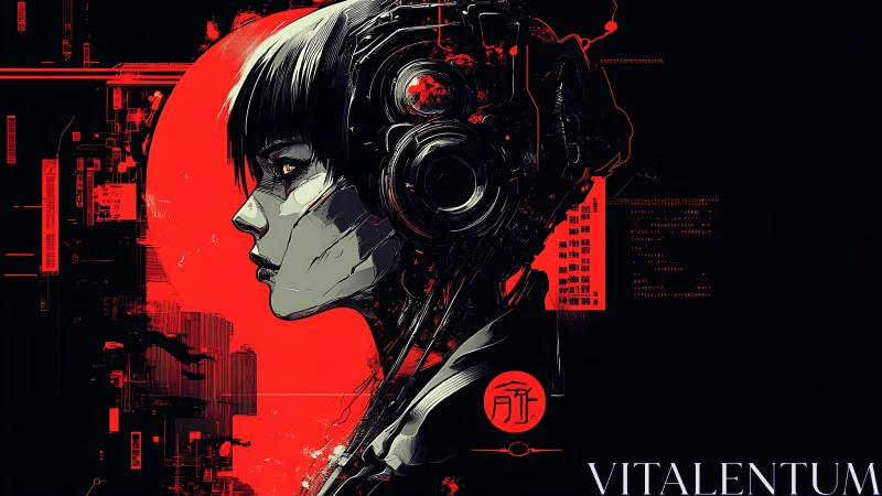 Cybernetic profile portrait contrasts red halo and darkness