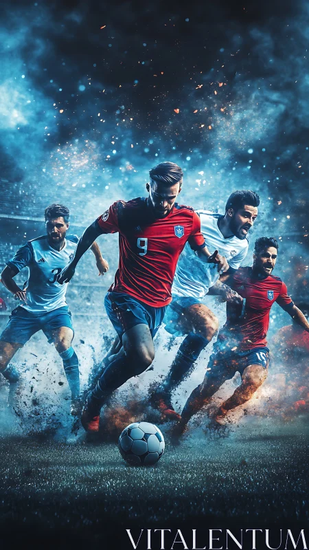 Dynamic football sprint with motion-trail effects and particle bursts