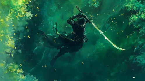 Lone masked swordsman leaping through glowing green mist.