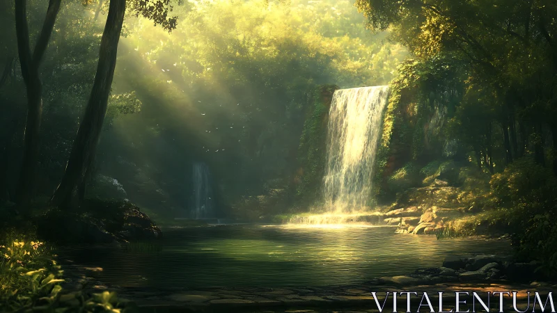 Sunlit Waterfall Cascading Through Ancient Forest.