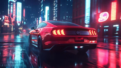 Red muscle car slices through neon soaked midnight city streets.