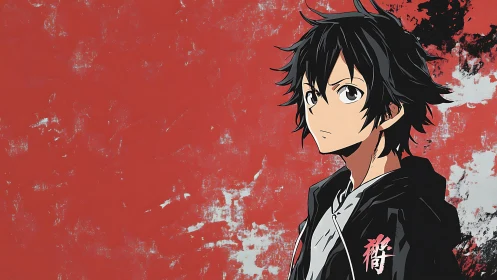 Angular anime portrait against distressed vermilion field.