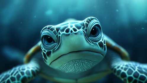Curious young sea turtle glides forward through teal silence