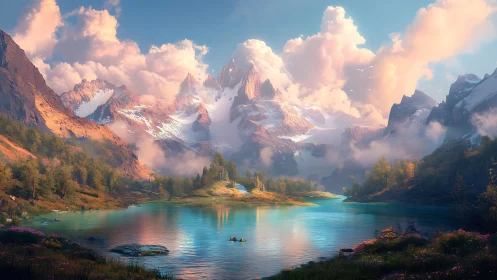 Sunlit crystal peaks cradle a turquoise dreamlake hush