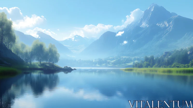 Mountain lake morning draped in silver mist and quiet glow.